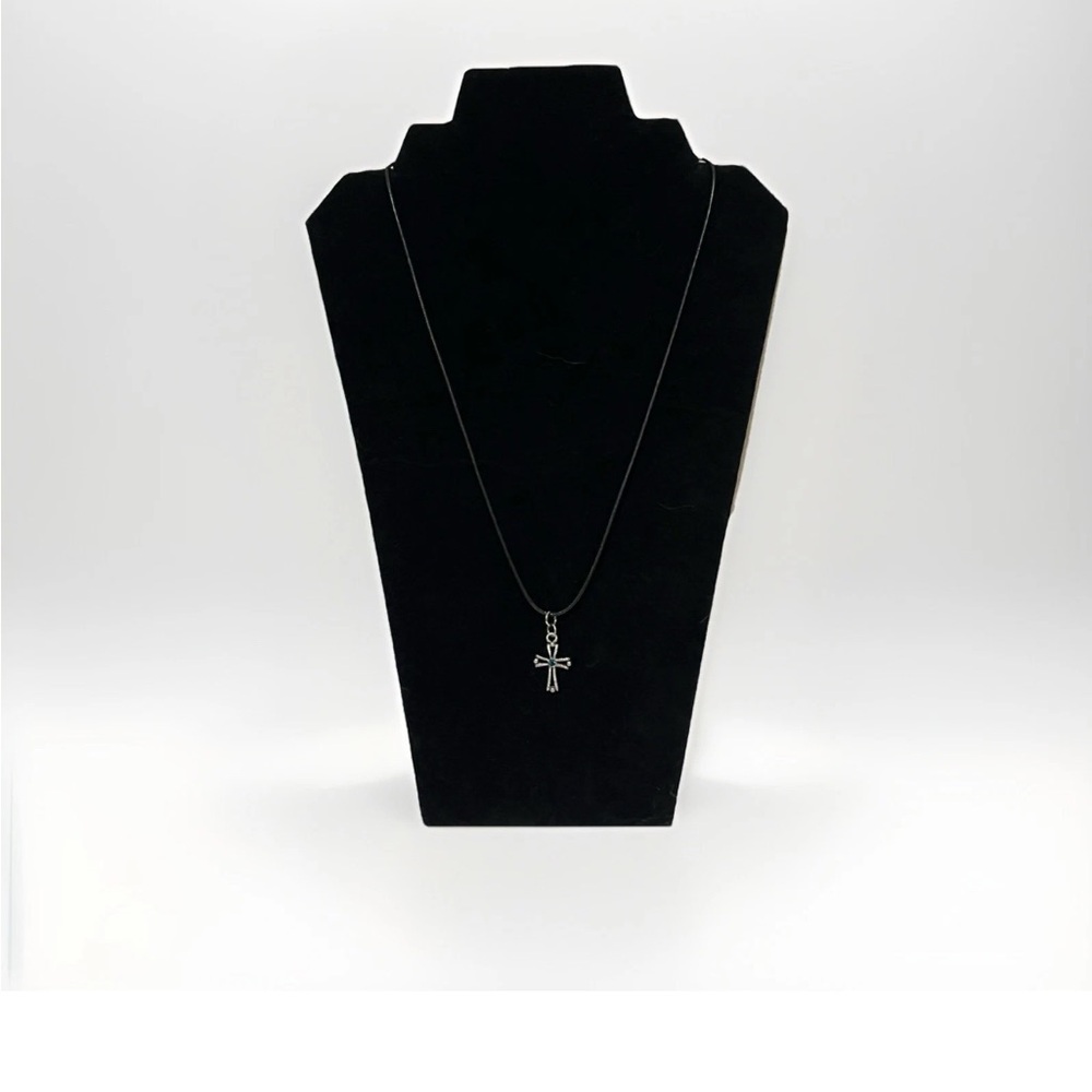 Pendant Vintage Silver Tone Cross With Bright Blue Stone On Leather. Whimsigoth.